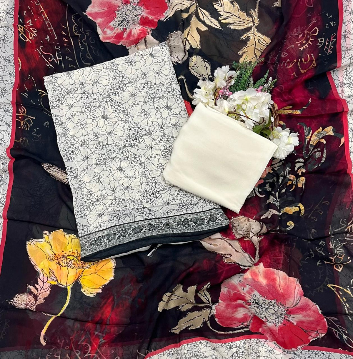 Georgette Black And Cream Suit Fabric - Studio CKC