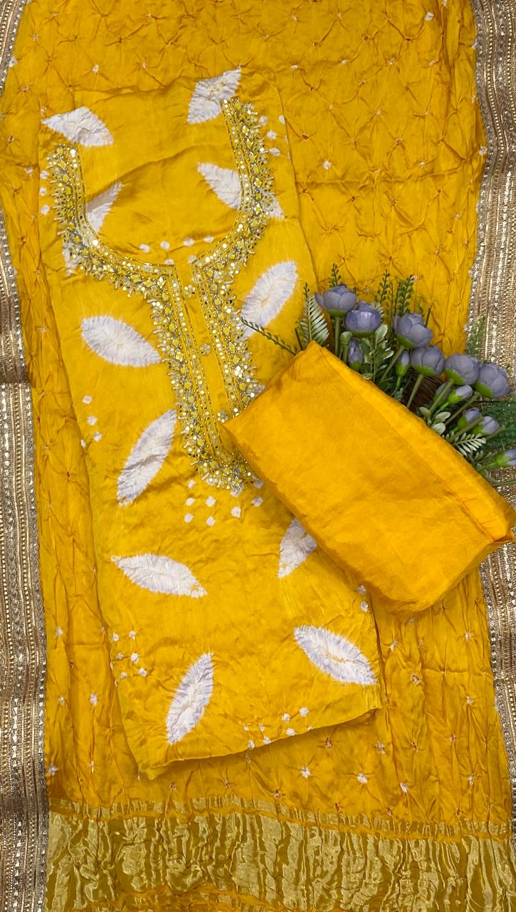 791D GAJJI SILK YELLOW WITH WHITE SUIT FABRIC / CKC JAIPURI SUITS