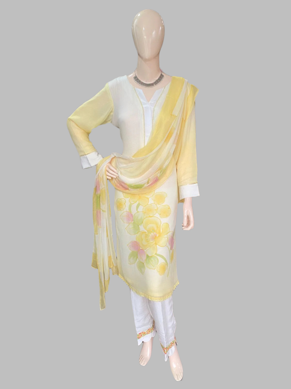 Georgette Cream With Yellow Stitched Suit / Summer Floral