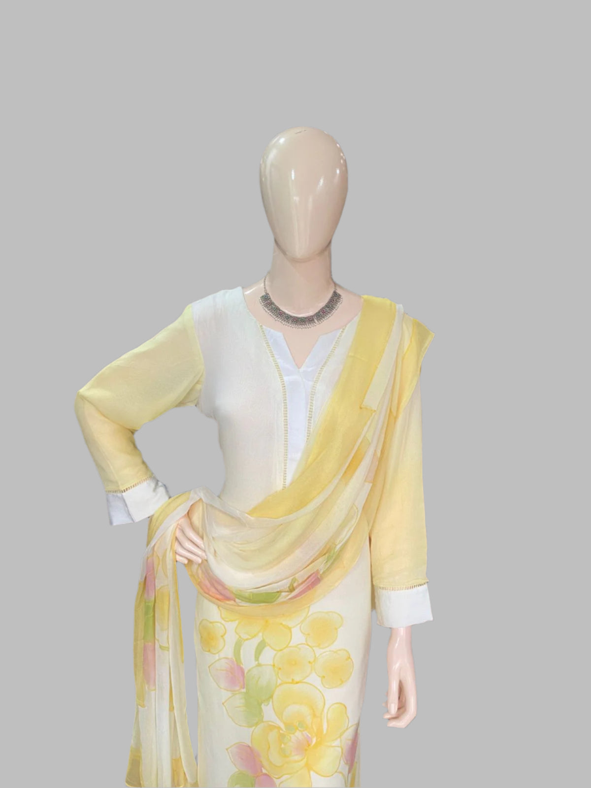 Georgette Cream With Yellow Stitched Suit / Summer Floral