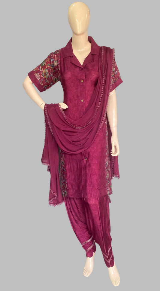 Muslin Wine Stitched Suit / Panel Design
