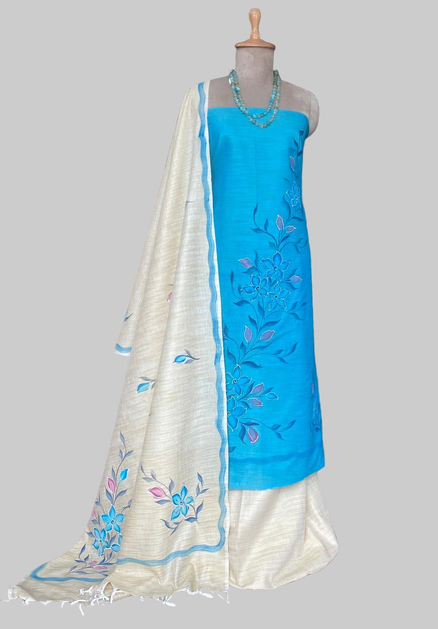 Tassar Cotton Blue Suit Fabric / Tassar Suits