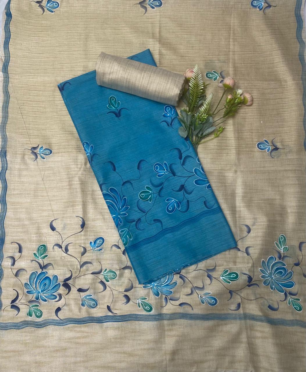 Tassar Cotton Blue Suit Fabric / Tassar Suits