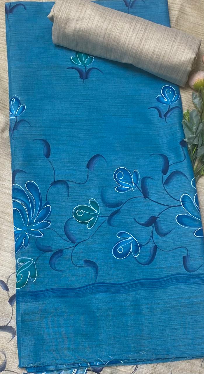 Tassar Cotton Blue Suit Fabric / Tassar Suits