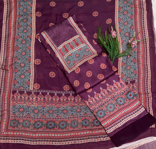 Satin Modal Purplish Wine Suit Fabric / Phoolon Ka Ghar