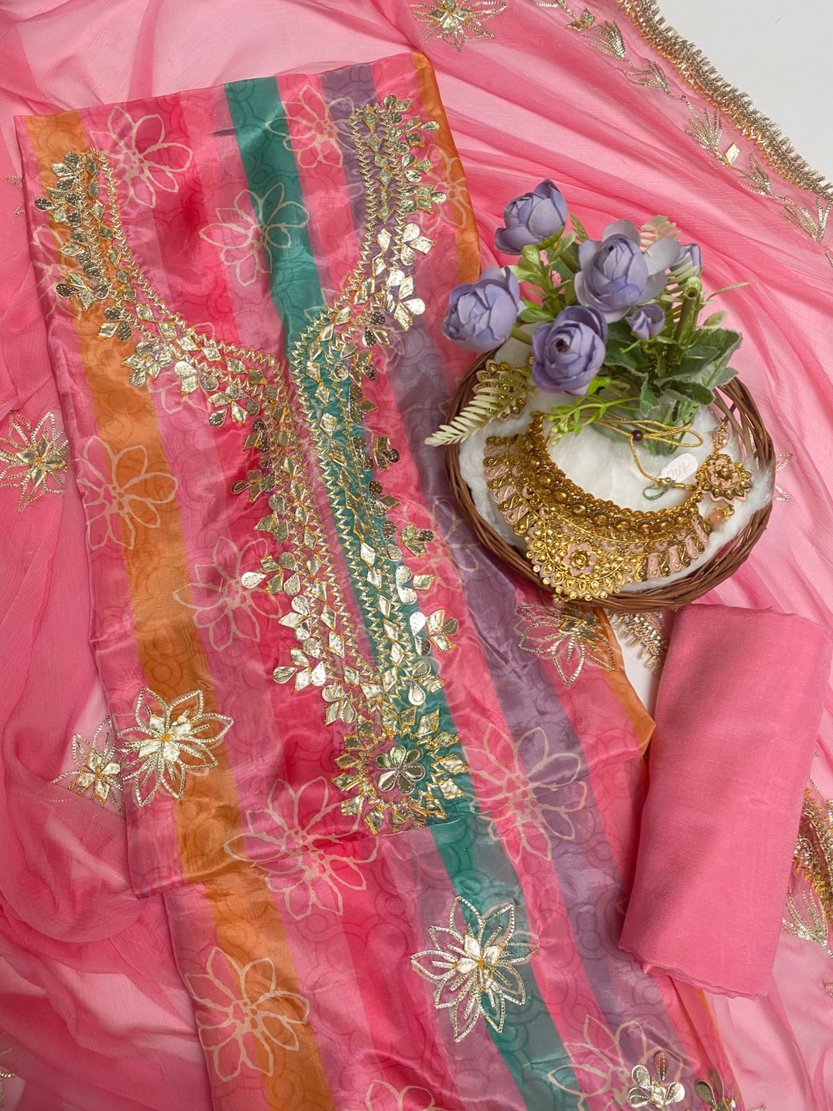 Satin Organza Pink Suit Fabric / Festive Vibe