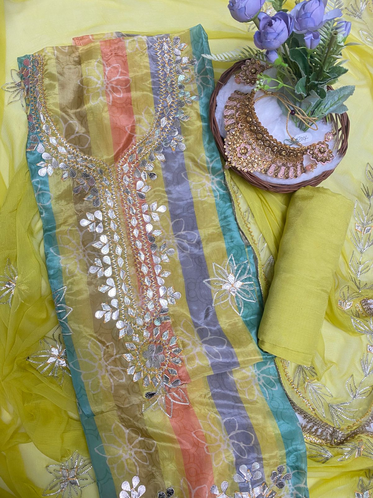 Satin Organza Lemon Green Suit Fabric / Festive Vibe