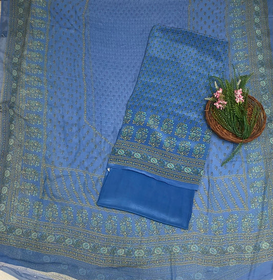 Crepe Blue Suit Fabric / Phoolon Ka Ghar