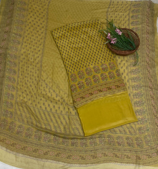 Crepe Mustard Suit Fabric / Phoolon Ka Ghar