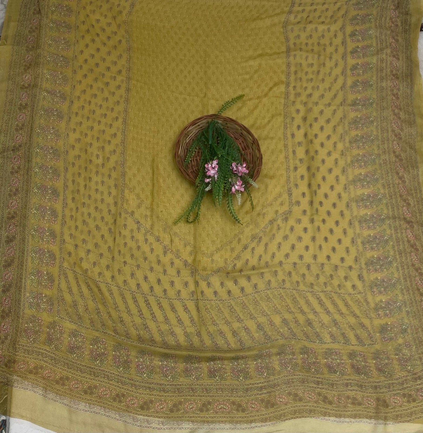 Crepe Mustard Suit Fabric / Phoolon Ka Ghar