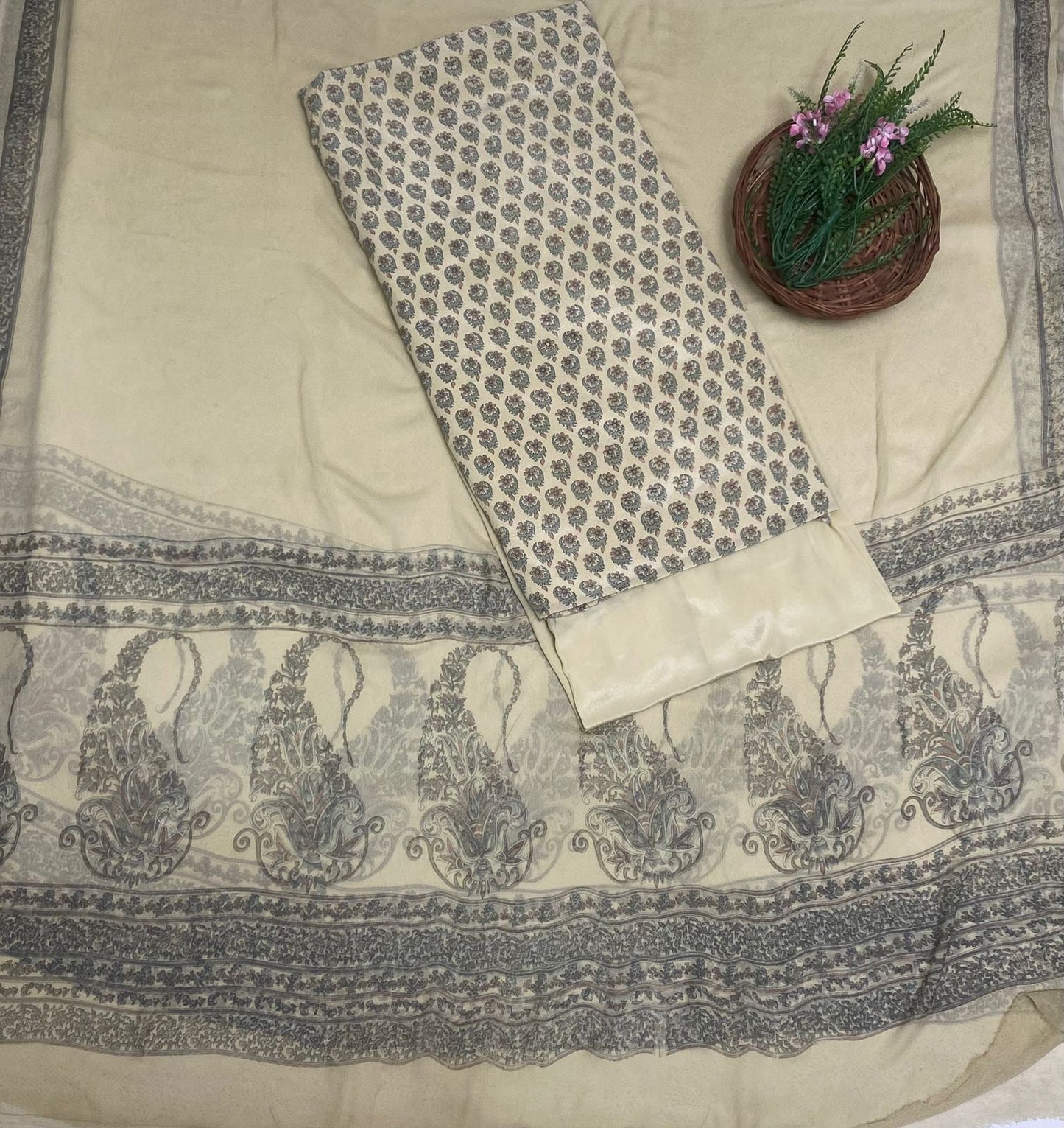 Crepe Light Beige Suit Fabric / Phoolon Ka Ghar