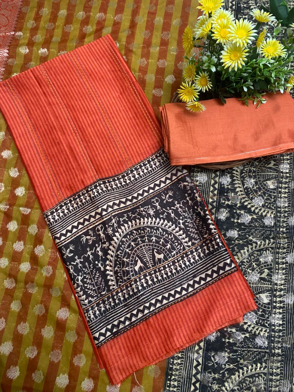 Pure Maheshwari Rust Orange Suit Fabric / Festive Vibe