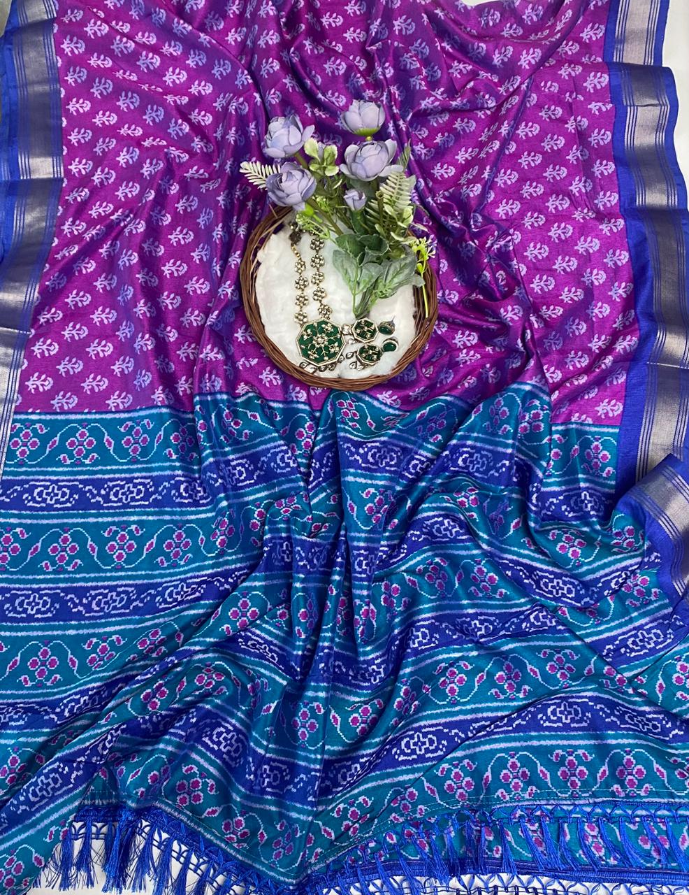 Patola Silk Navy Blue With Purple Suit Fabric / Summer Elegance
