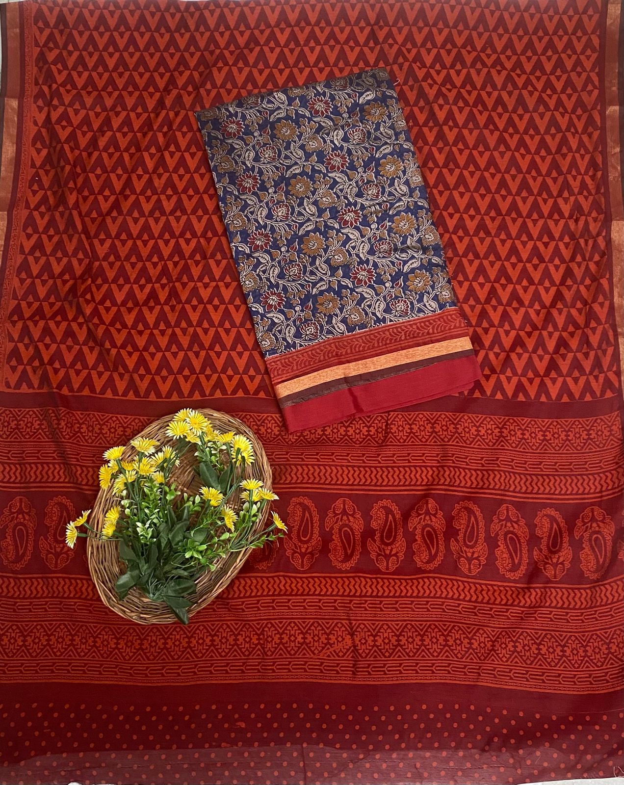 Maheshwari Silk Blue With Maroon Suit Fabric / Festive Vibe
