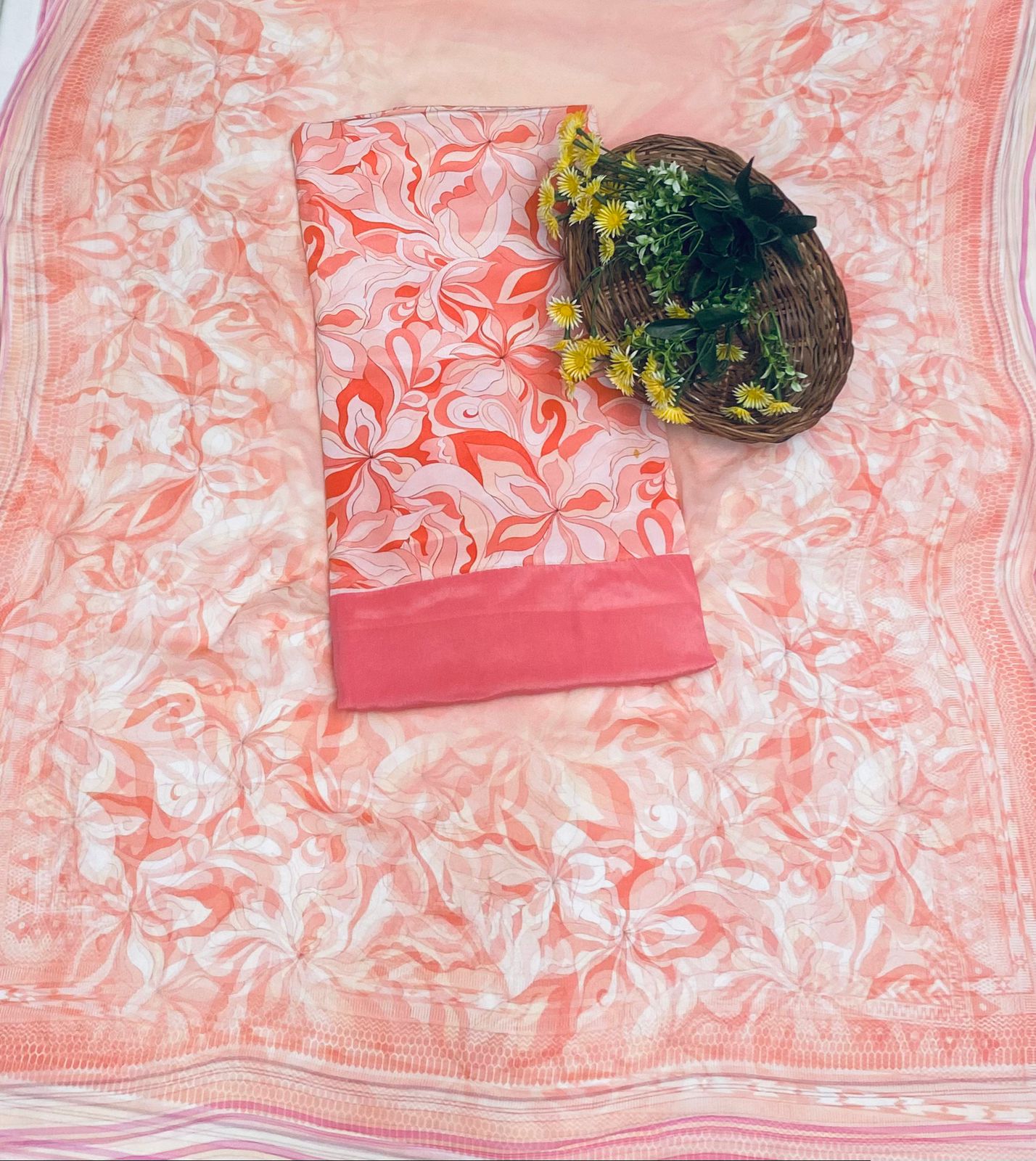 Crepe Peach Suit Fabric / Phoolon Ka Ghar