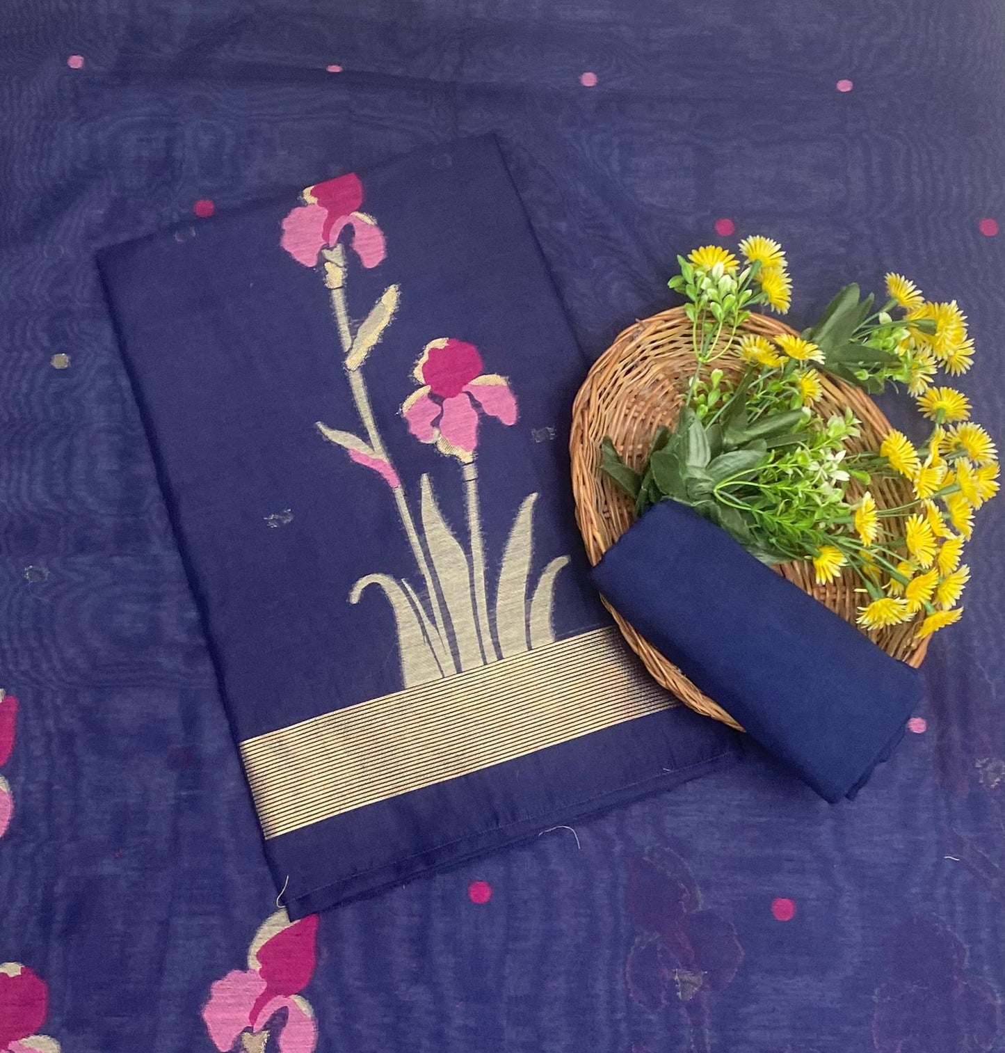 Jamdani Navy Blue Suit Fabric / Jamdani Suits