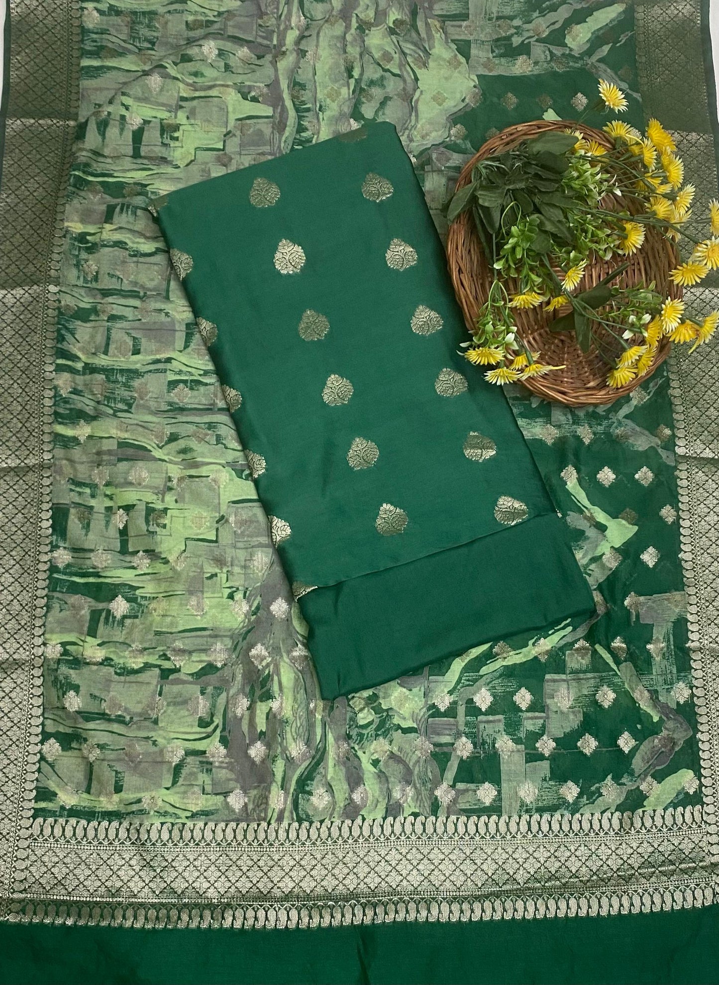 Pure Maheshwari Dark Green Suit Fabric / Festive Vibe