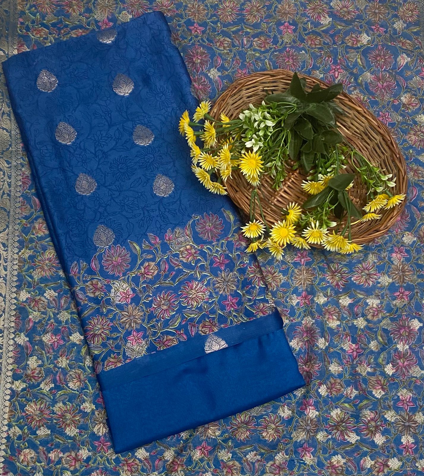 Pure Maheshwari Navy Blue Suit Fabric / Festive Vibe