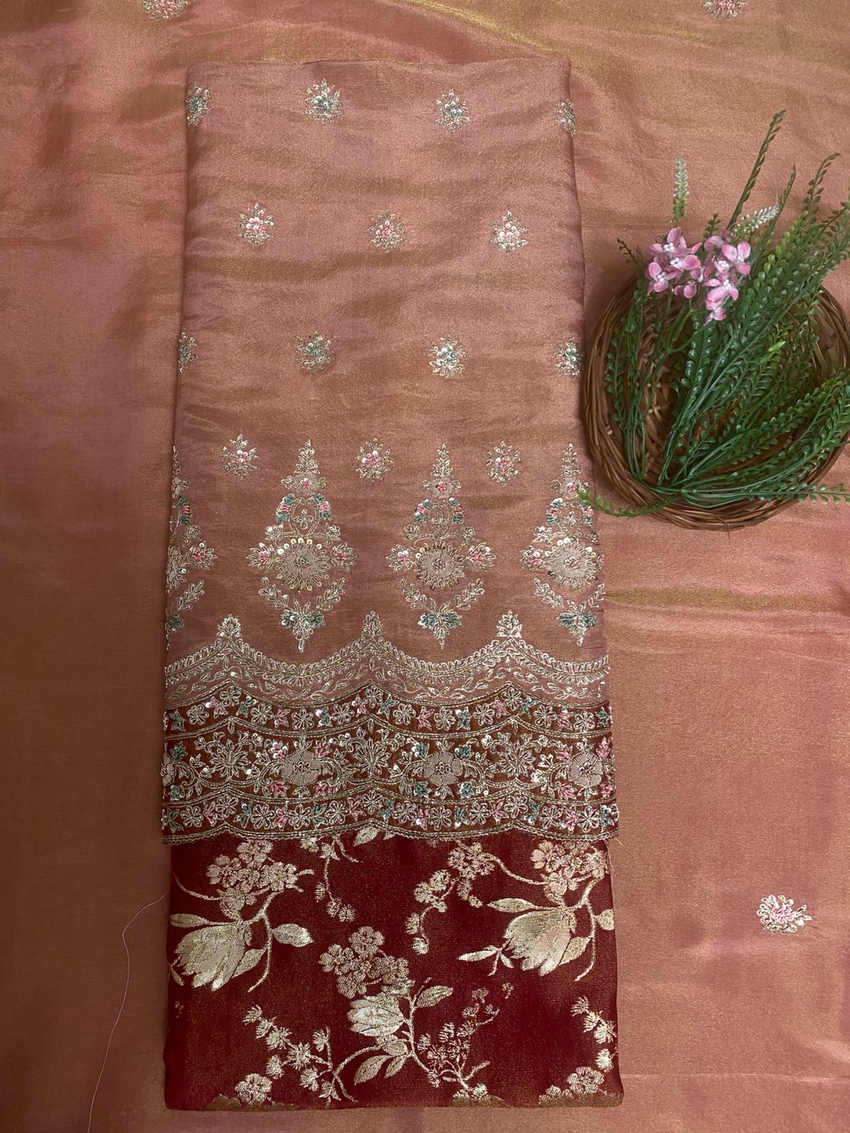 Shimmer Dusty Peach With Maroon Suit Fabric/ Karwachauth Collection