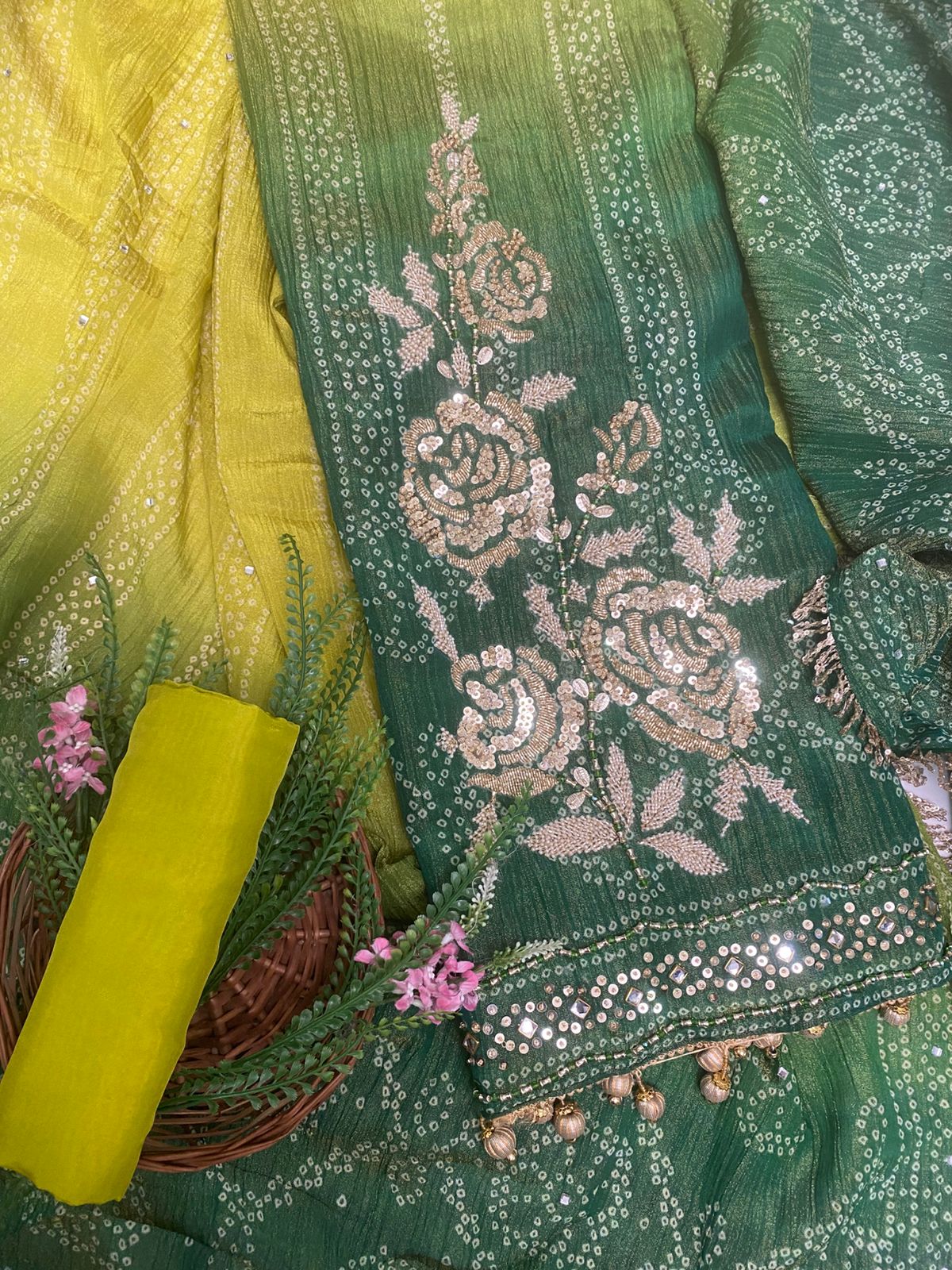 Crush Shimmer Green With Dark Green Suit Fabric/ Karwachauth Collection