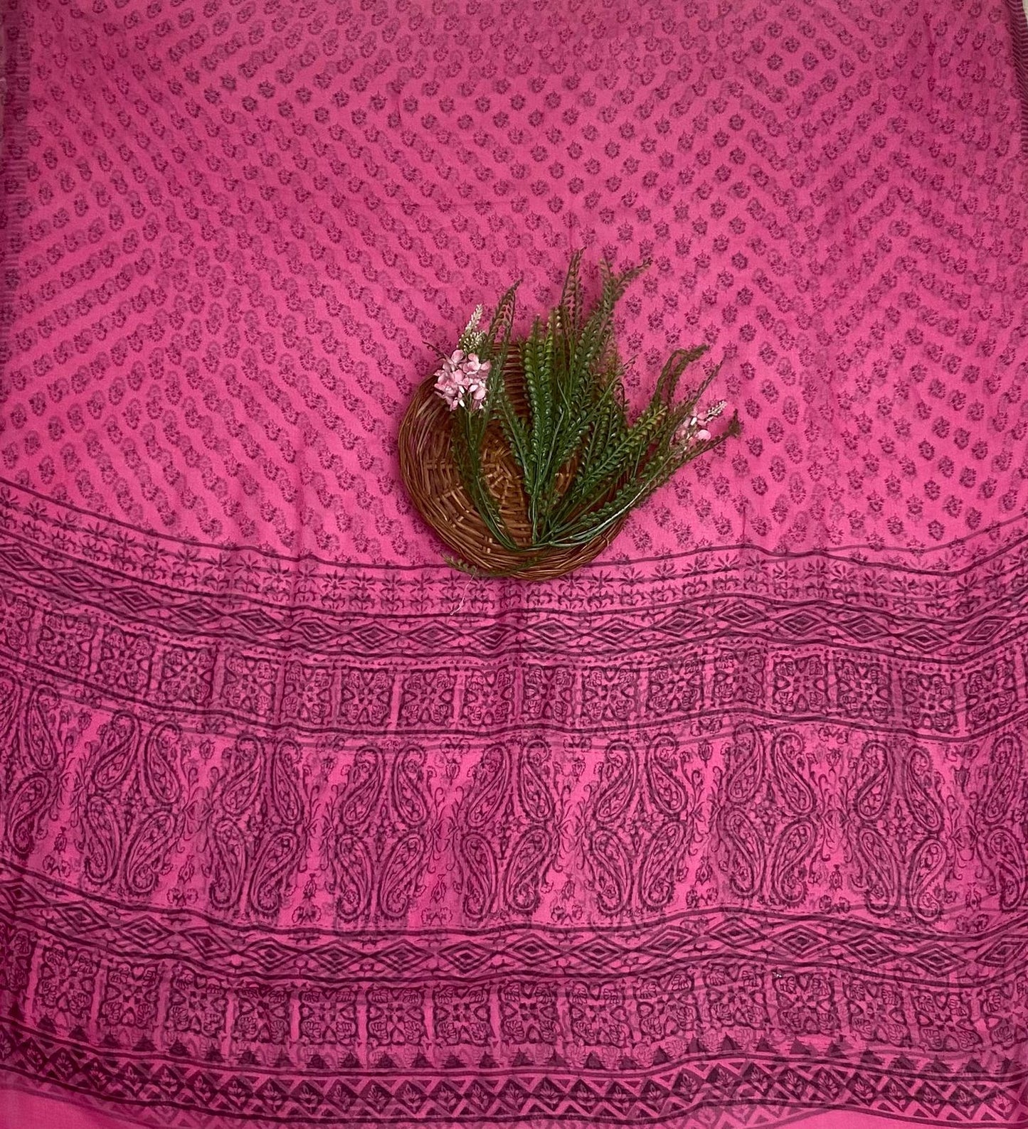 Crepe Pink Green Suit Fabric / Phoolon Ka Ghar