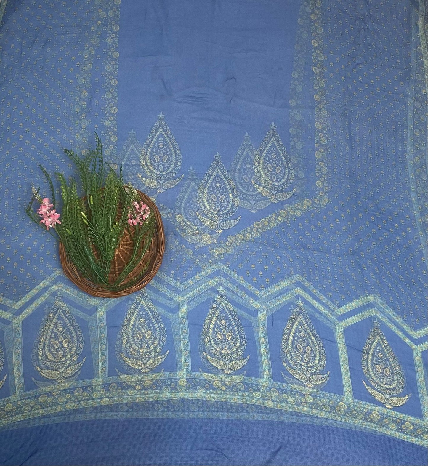 Crepe Blue Suit Fabric / Phoolon Ka Ghar