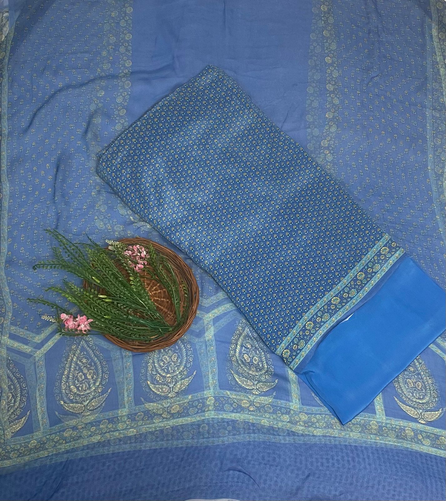 Crepe Blue Suit Fabric / Phoolon Ka Ghar