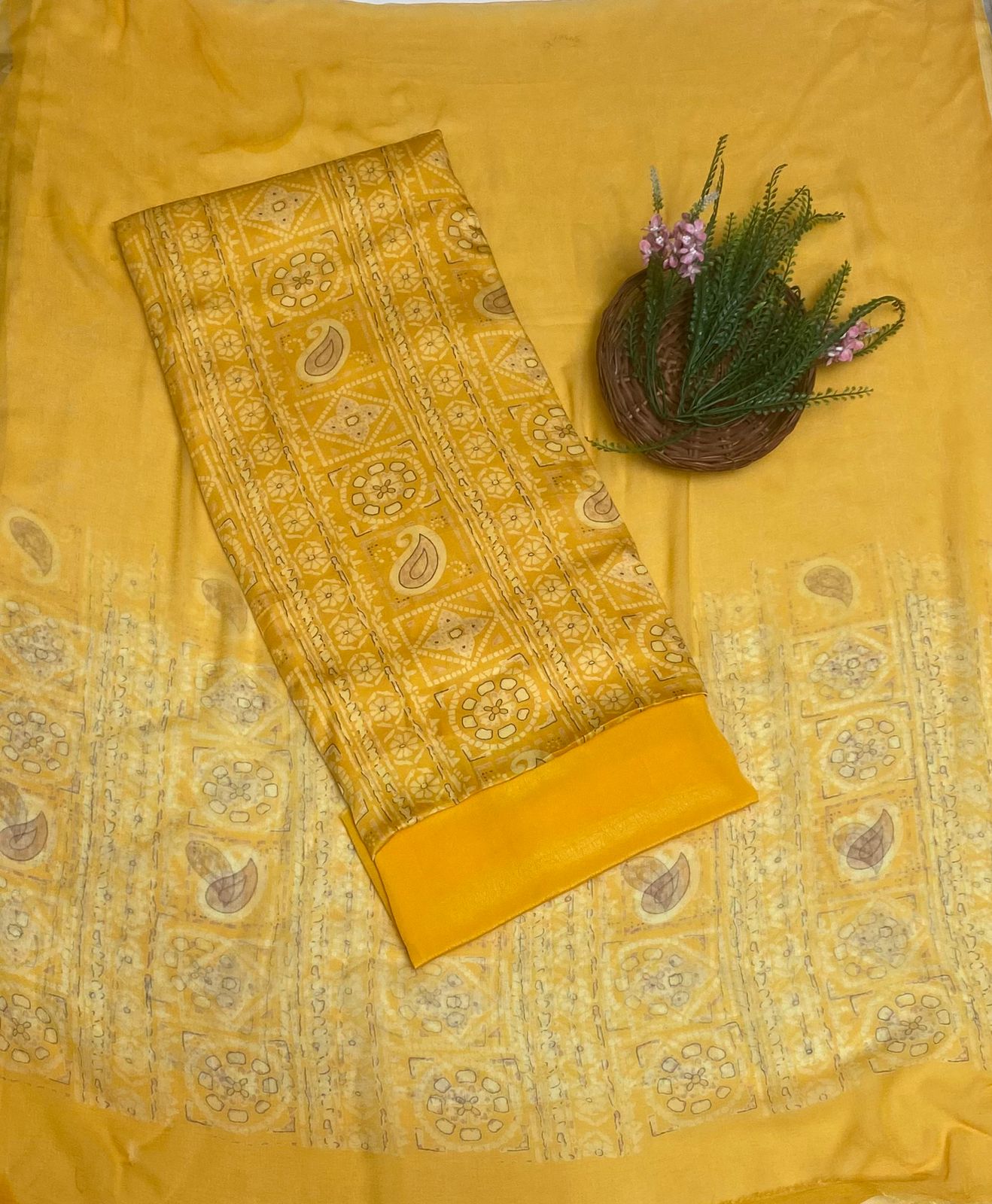 Satin Yellow Suit Fabric / Phoolon Ka Ghar