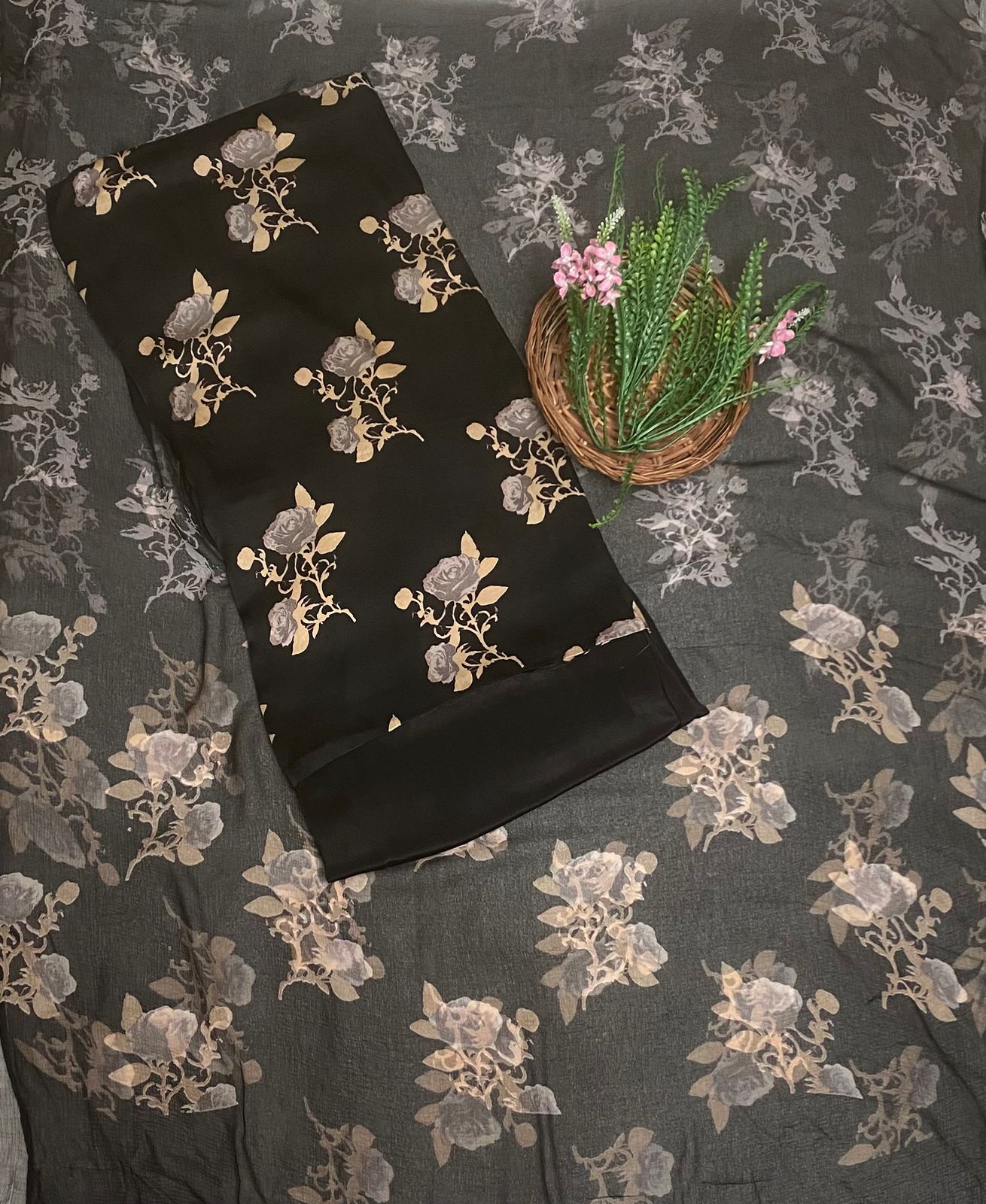 Satin Black Suit Fabric / Phoolon Ka Ghar