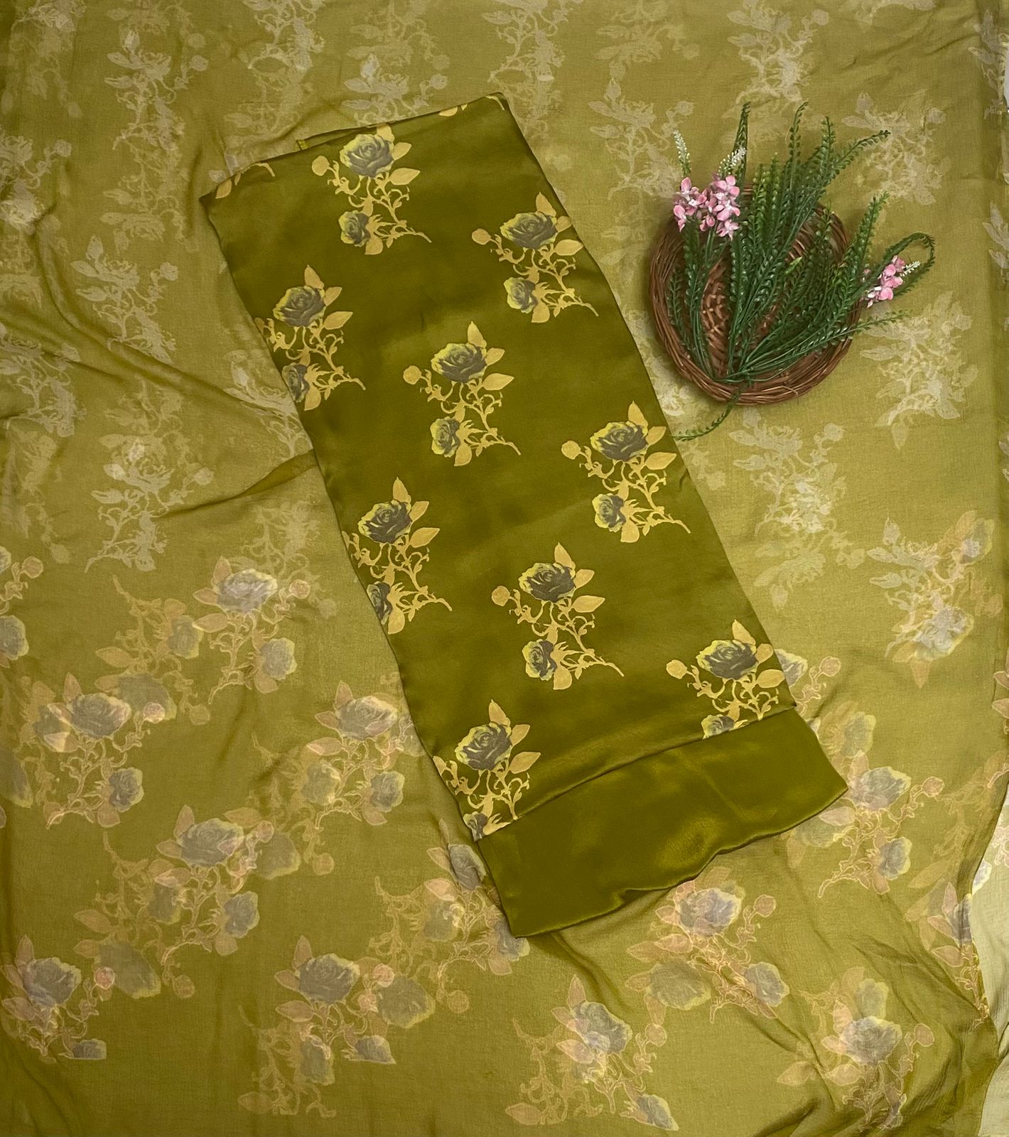 Satin Mehndi Green Suit Fabric / Phoolon Ka Ghar