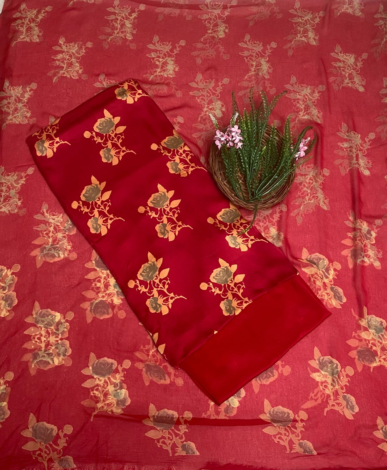 Satin Red Suit Fabric / Phoolon Ka Ghar