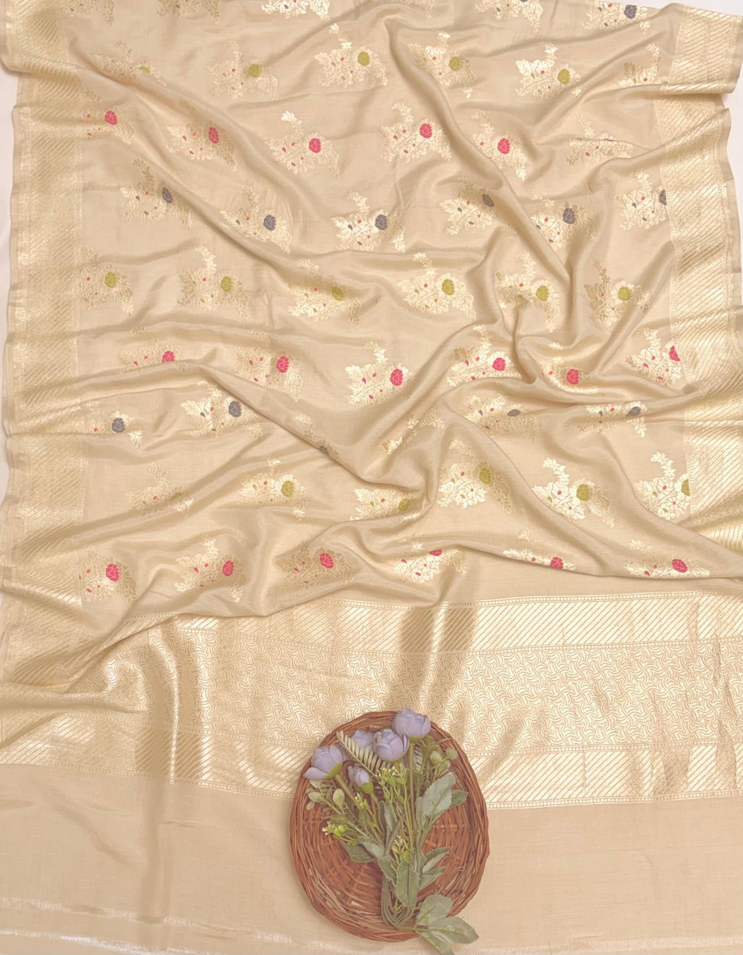 Pure Munga Silk Light Golden Dupatta Fabric / Banarasi Baithak