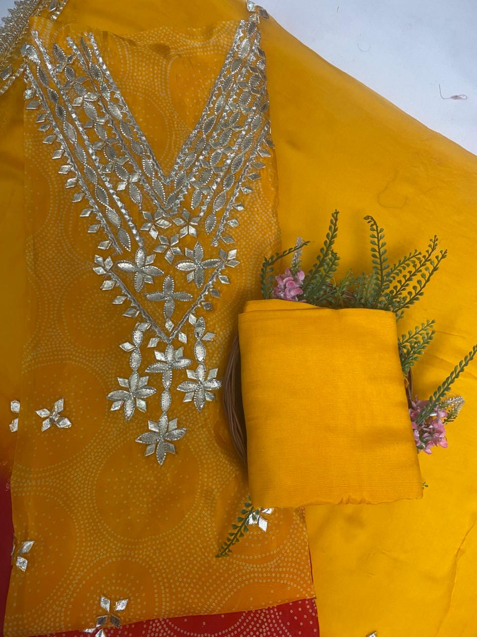 Organza Yellow With Red Suit Fabric / Festive Vibe