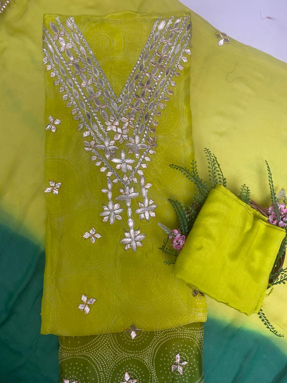 Organza Green With Dark Green Suit Fabric / Festive Vibe