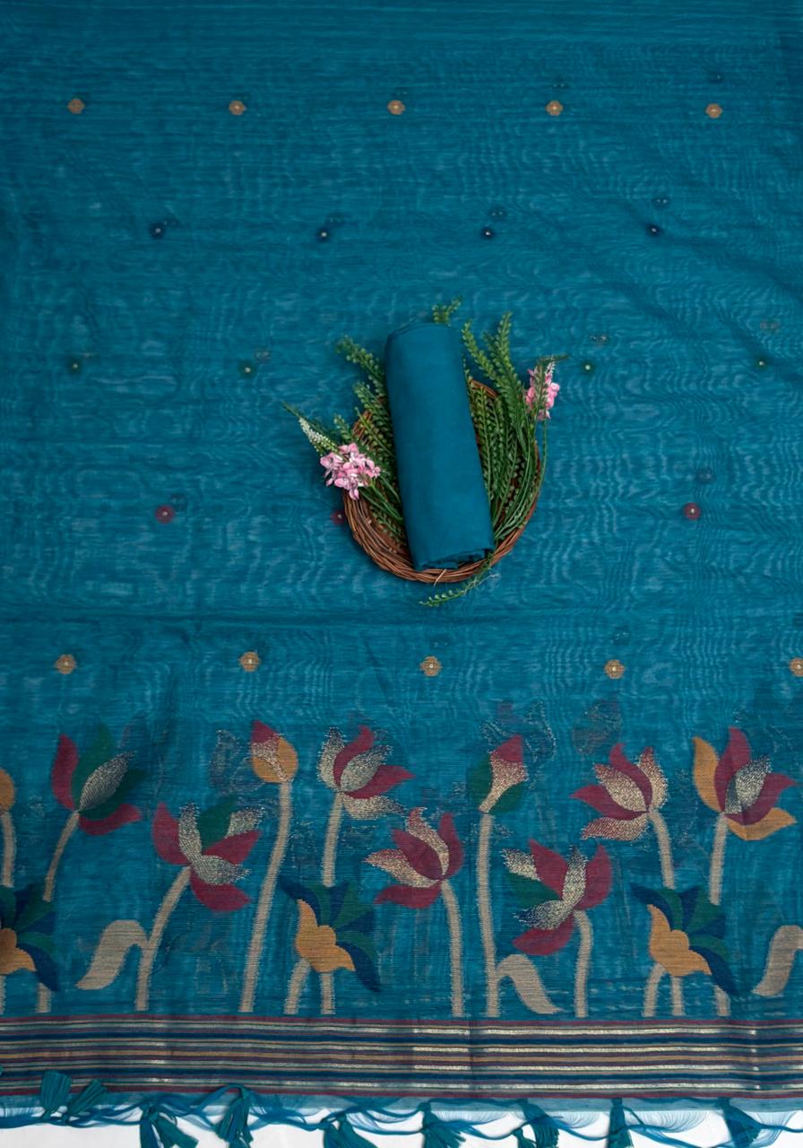 Jamdani Peacock Blue Suit Fabric / Jamdani Suits