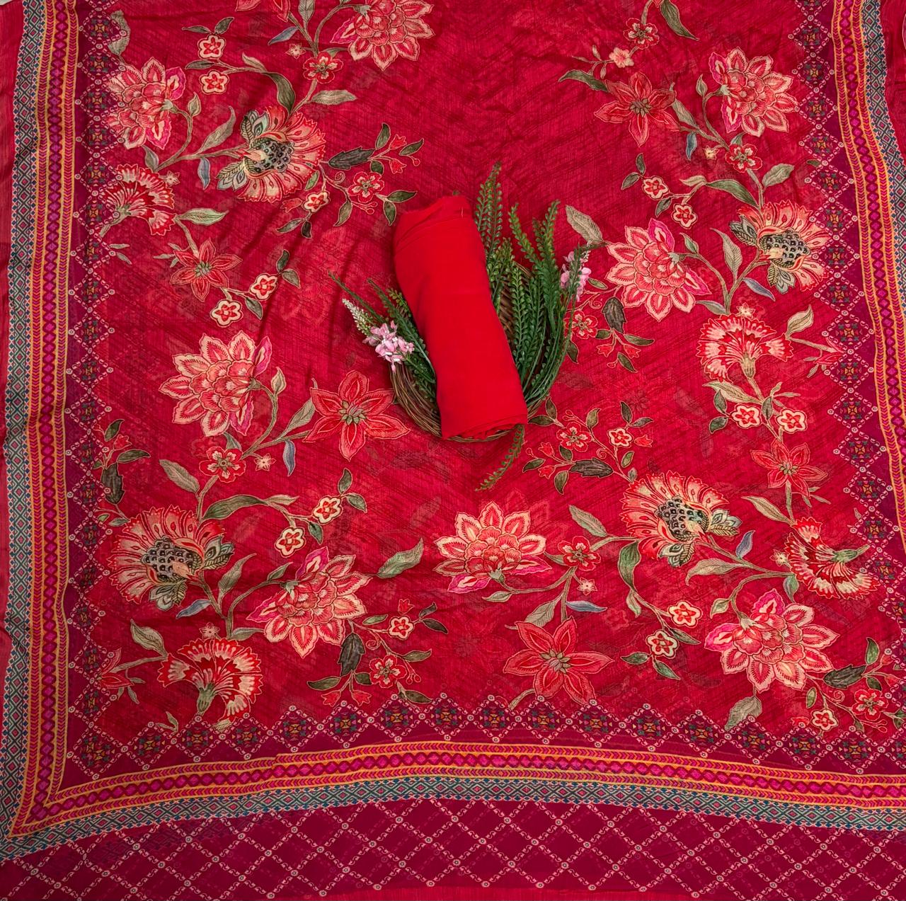 Crepe Red Suit Fabric / Phoolon Ka Ghar