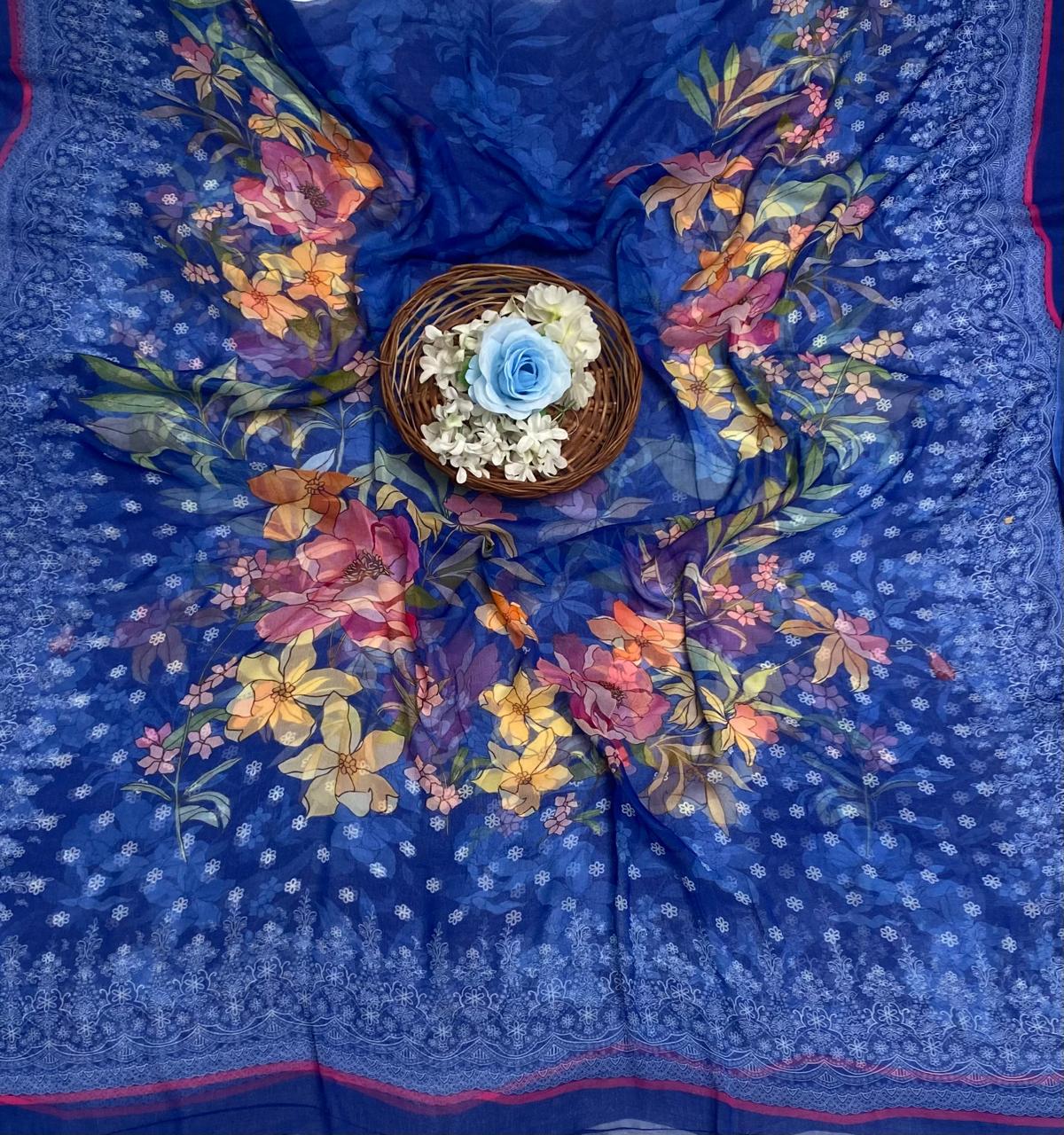 Crepe Navy Blue Suit Fabric / Phoolon Ka Ghar