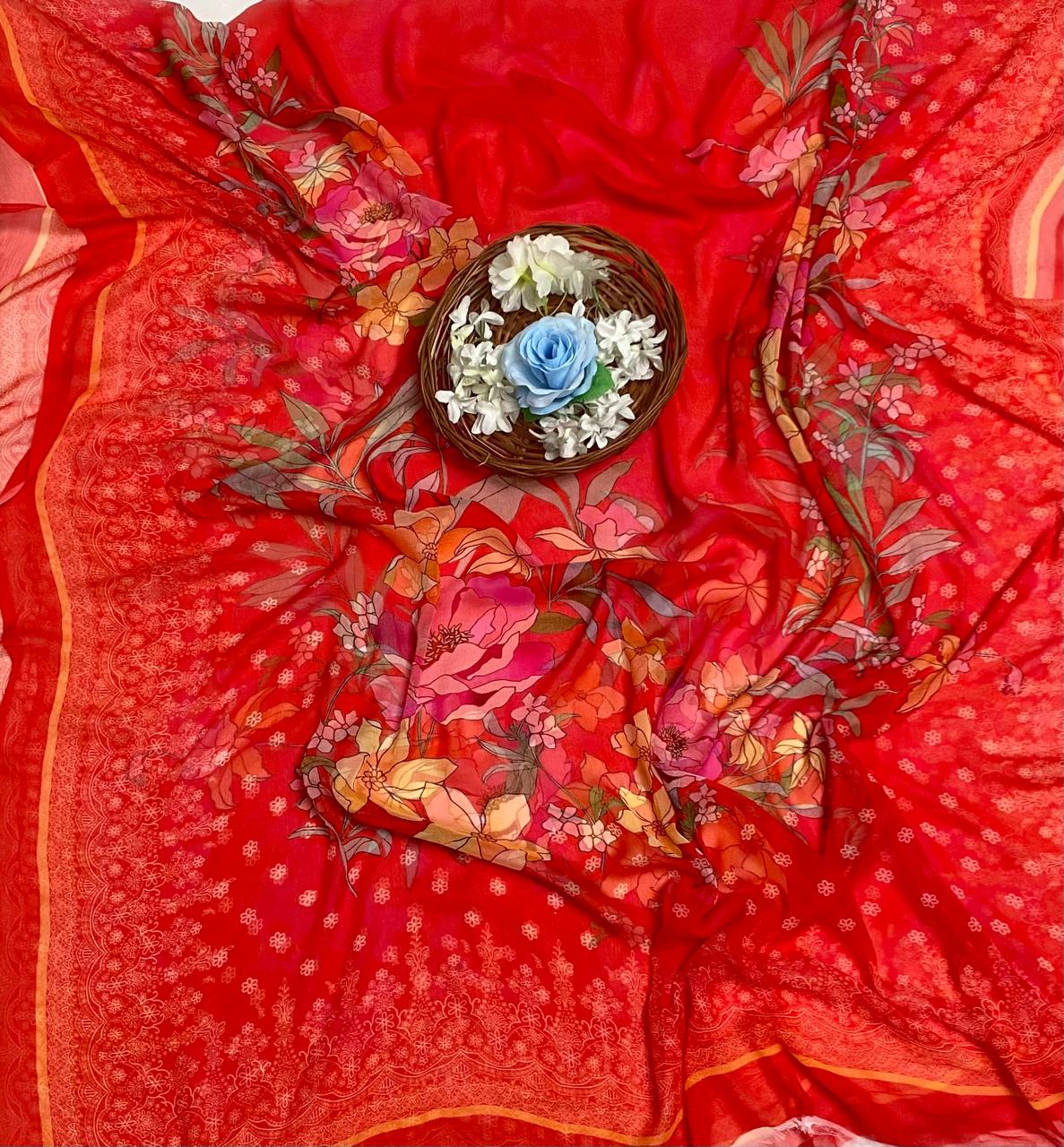 Crepe Red Suit Fabric / Phoolon Ka Ghar