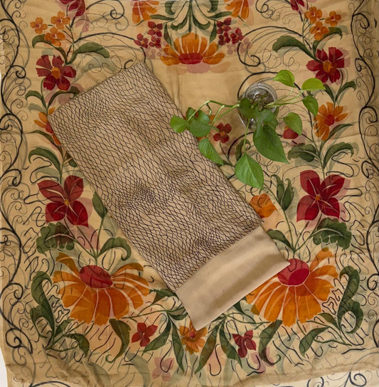 Crepe Dusty Beige Suit Fabric / Phoolon Ka Ghar