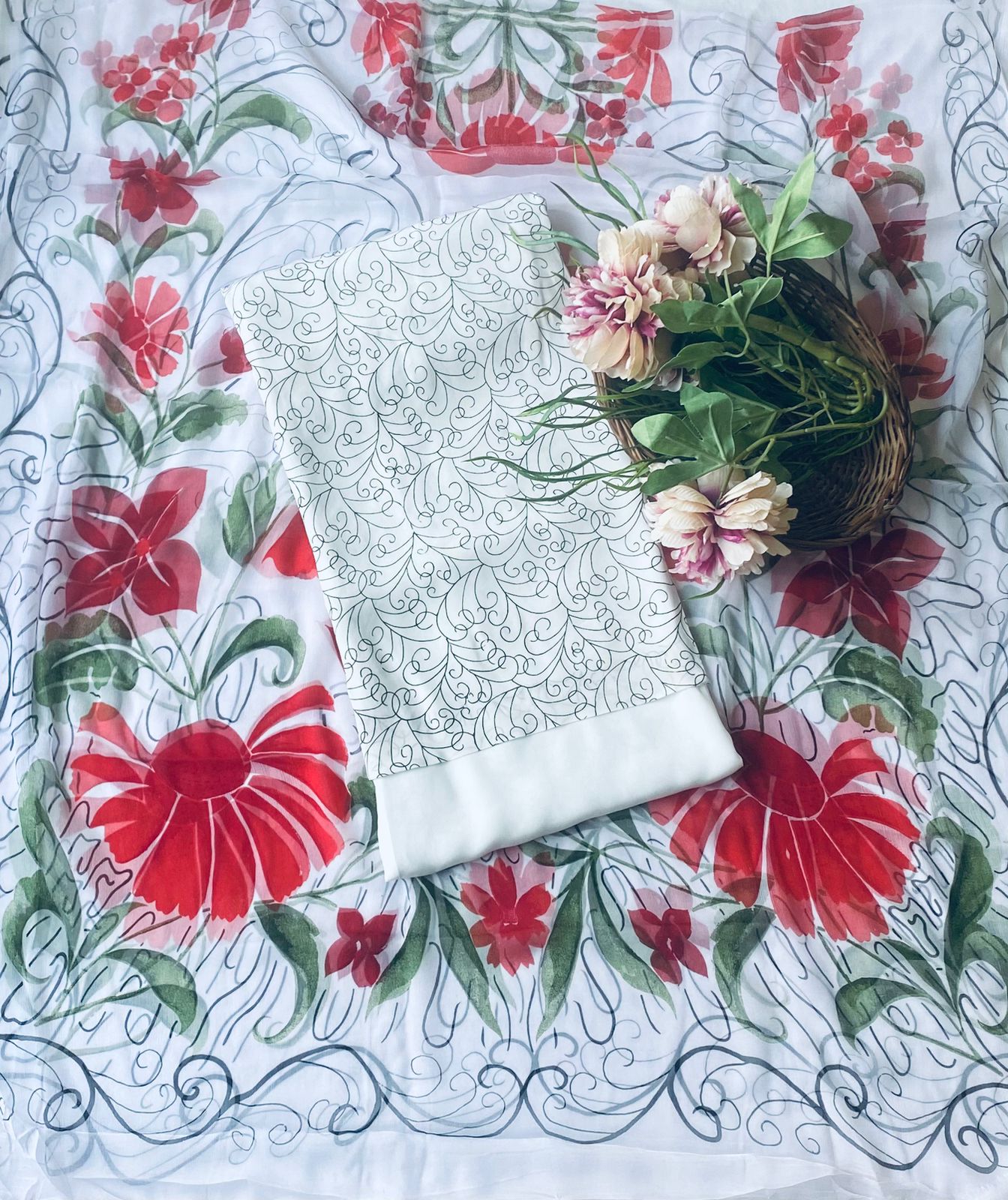 Crepe White Suit Fabric/ Phoolon Ka Ghar