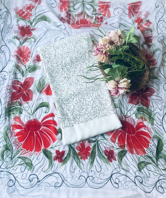 Crepe White Suit Fabric/ Phoolon Ka Ghar