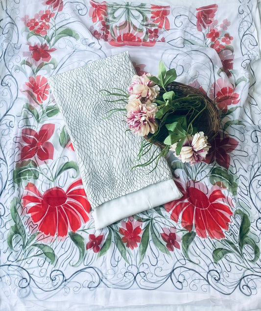 Crepe White Suit Fabric/ Phoolon Ka Ghar