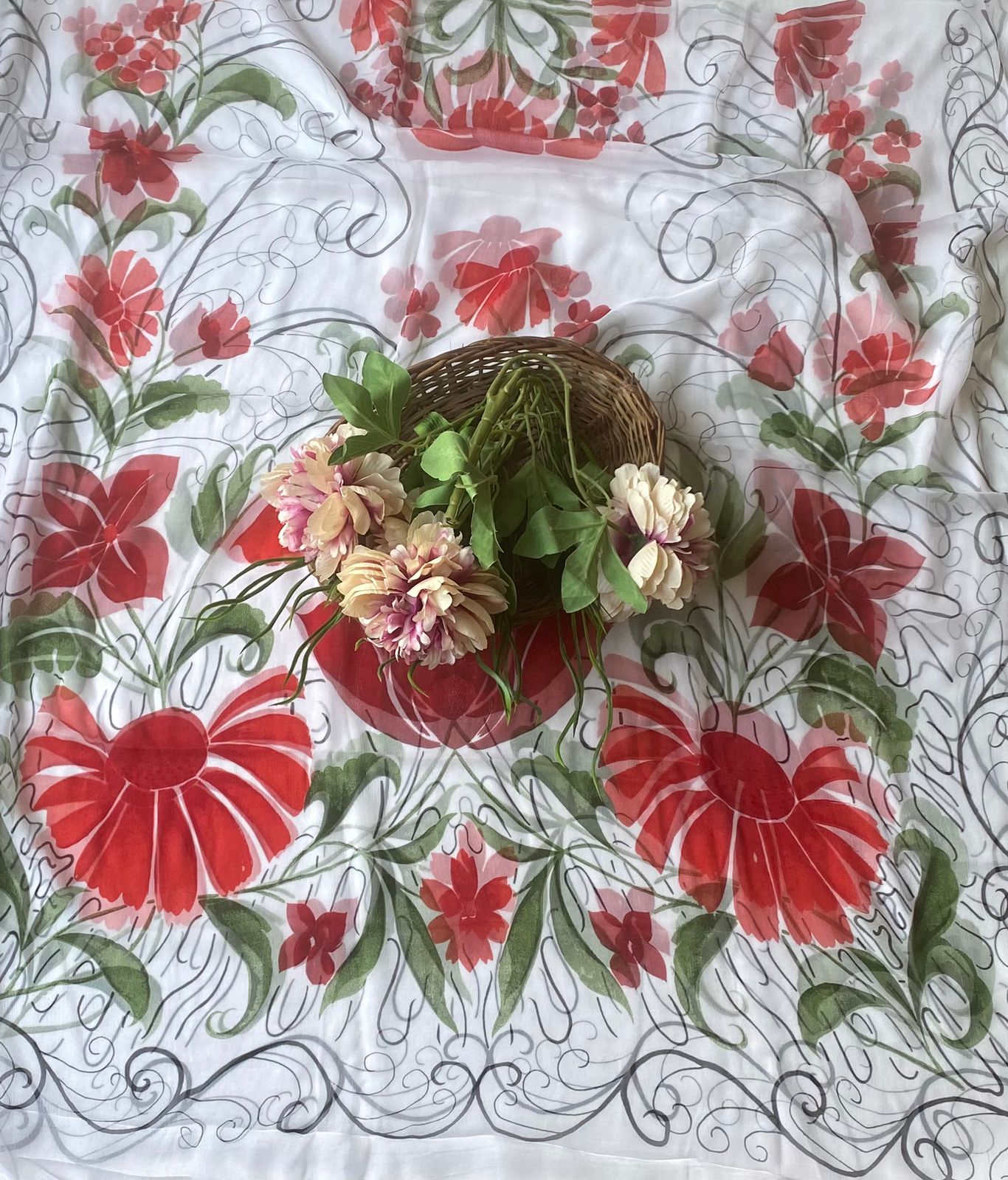 Crepe White Suit Fabric/ Phoolon Ka Ghar