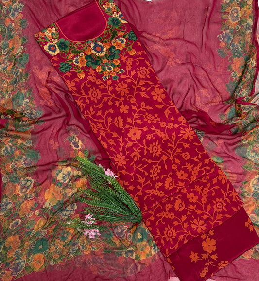 Crepe Maroon With Orange Suit Fabric / Phoolon Ka Ghar