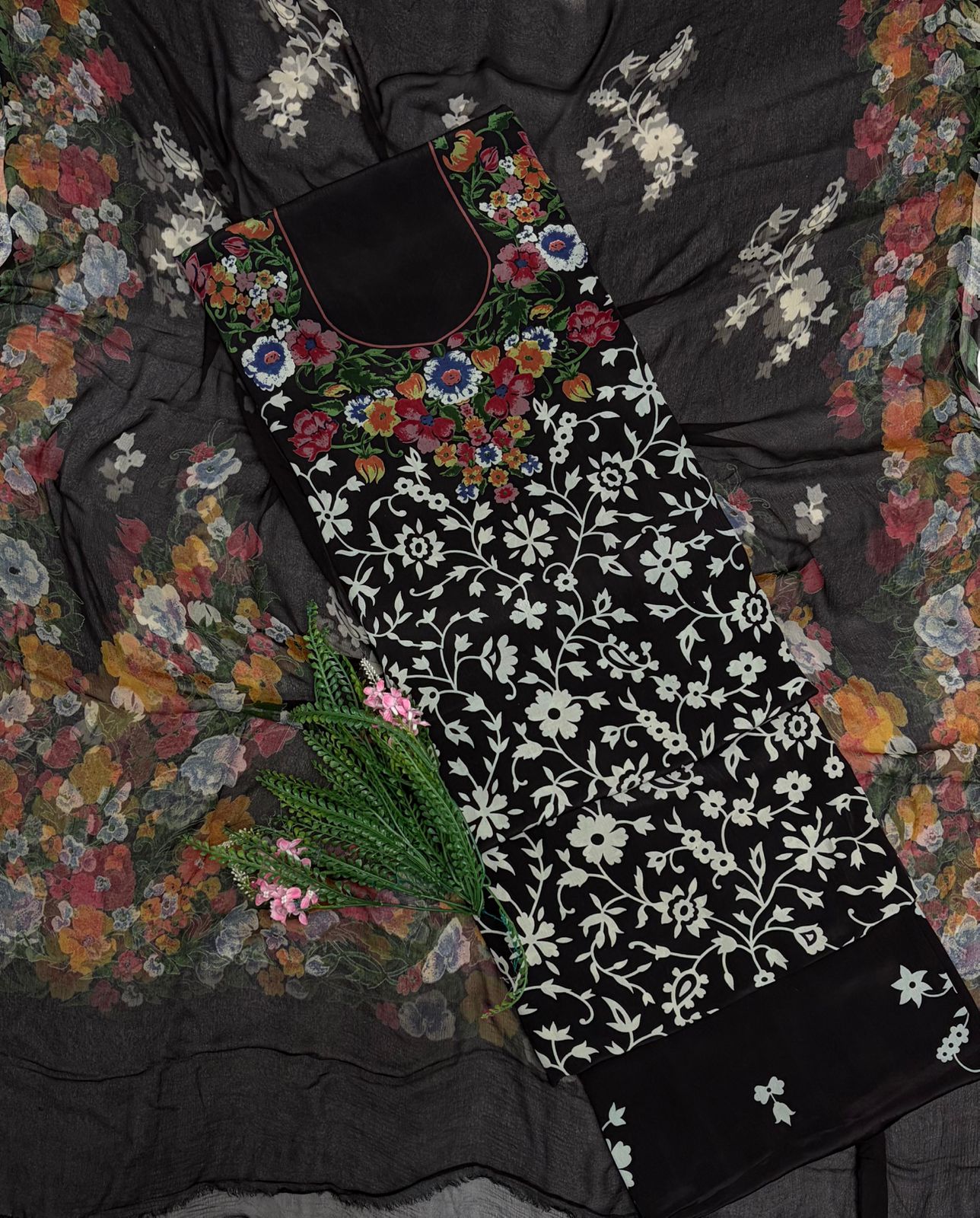 Crepe Black Suit Fabric / Phoolon Ka Ghar