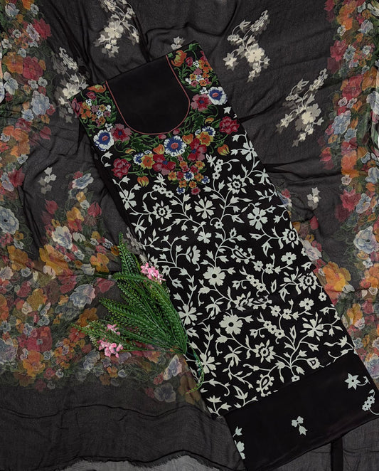 Crepe Black Suit Fabric / Phoolon Ka Ghar