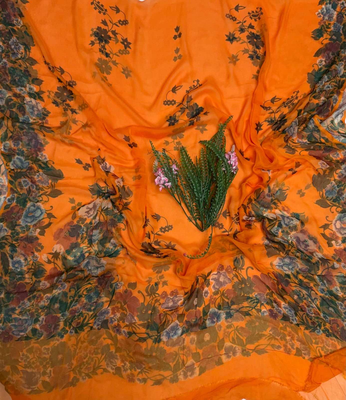 Crepe Mustard Orange With Green Suit Fabric / Phoolon Ka Ghar