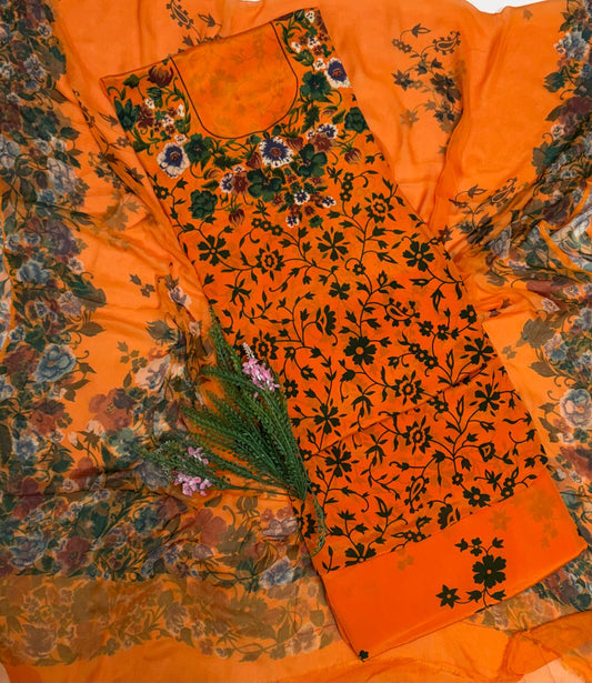 Crepe Mustard Orange With Green Suit Fabric / Phoolon Ka Ghar