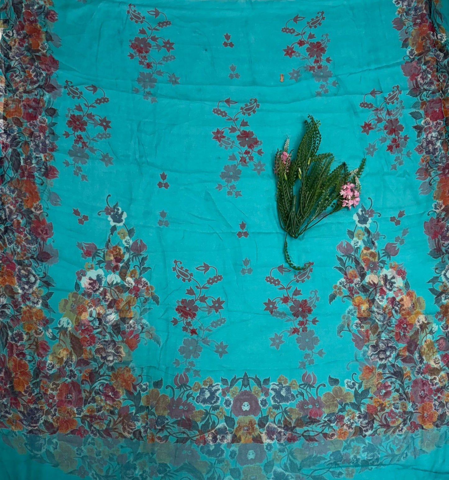 Crepe Sea Green Suit Fabric / Phoolon Ka Ghar