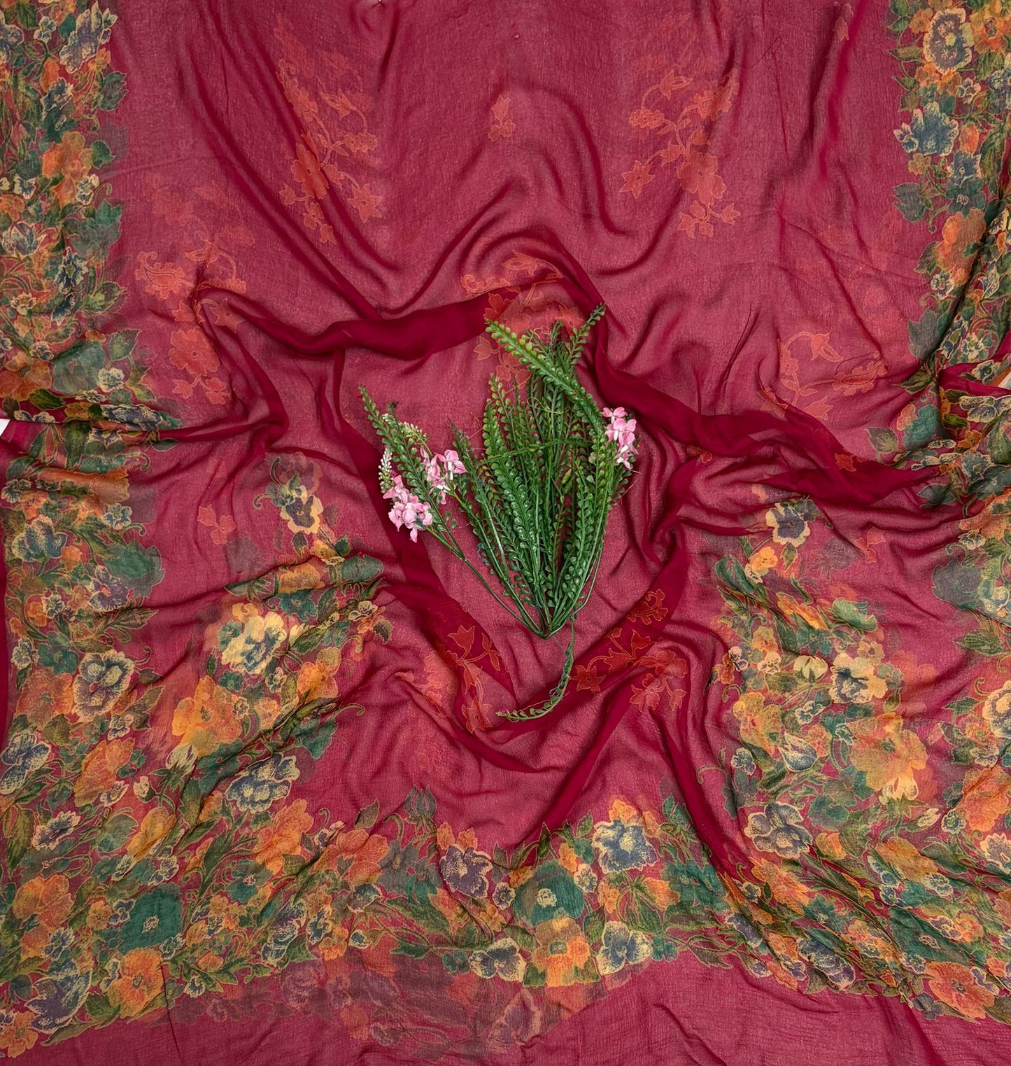 Crepe Maroon With Orange Suit Fabric / Phoolon Ka Ghar